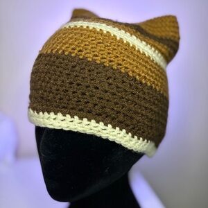 Brown and Cream Striped Crochet Beanie